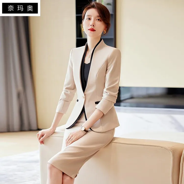 杏色西装套裙女春款正装职业套装高端珠宝店美容院前台医美工作服