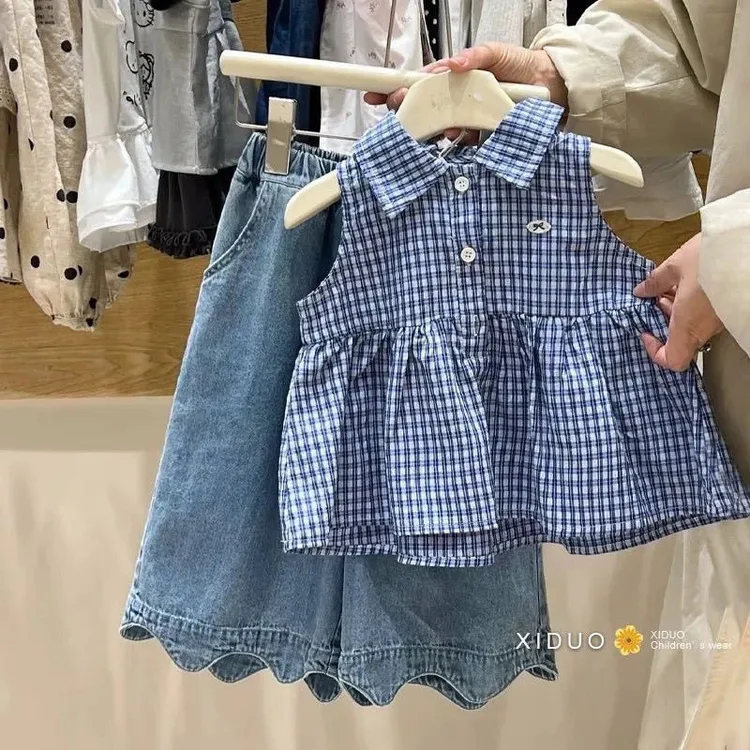 韩系童装女童夏套装洋气时髦女宝宝甜美无袖格子背心百搭薄款牛仔