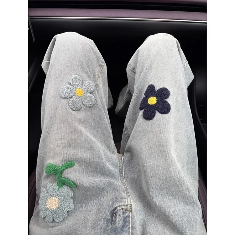 美式高街植绒绣花牛仔裤男款2025春夏设计感裤子显瘦窄版直筒长裤