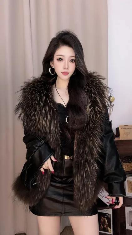 25113时尚百搭貉子毛领加绒加厚气质外套