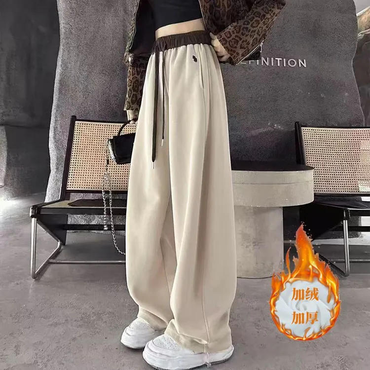 加绒加厚一裤两穿慵懒风韩式刺绣秋冬显瘦百搭拼色高腰休闲弯刀裤