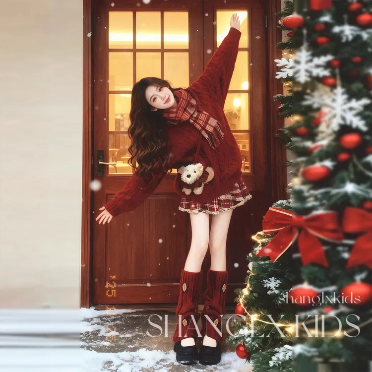 大童女装冬装一整套女童红色毛衣格子裙新年套装2026新款儿童冬装