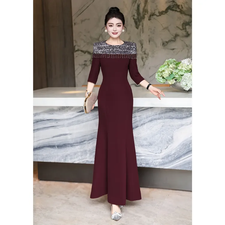 高贵气质结婚鱼尾连衣裙优雅重工亮片晚宴主持人宴会礼服连衣裙秋