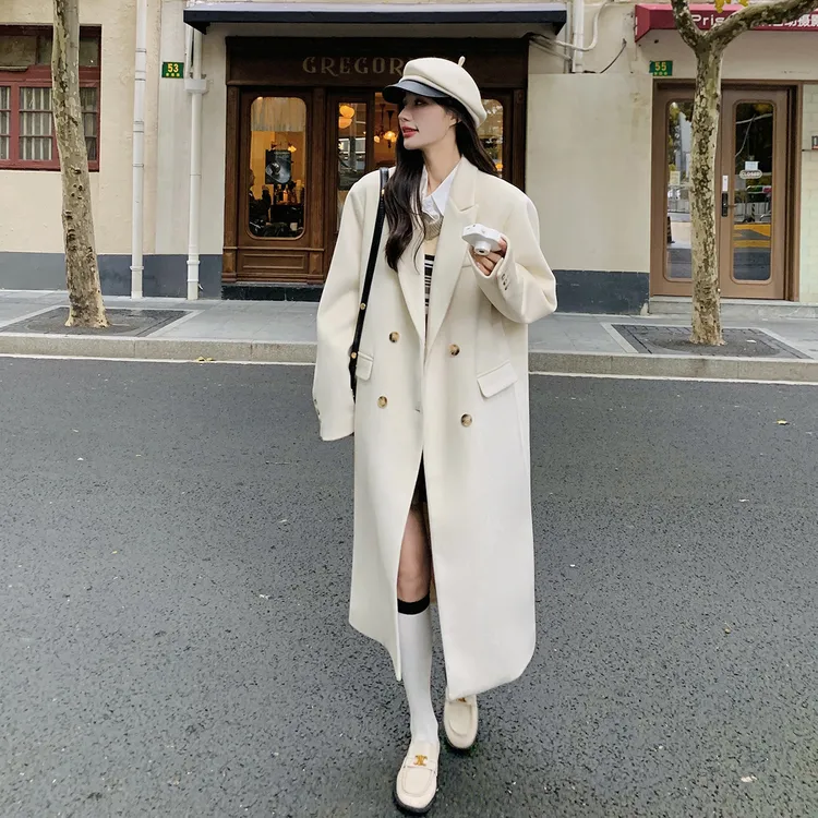 白色高级感长款西装毛呢外套女2025春季新款韩系牛角扣双排扣大衣