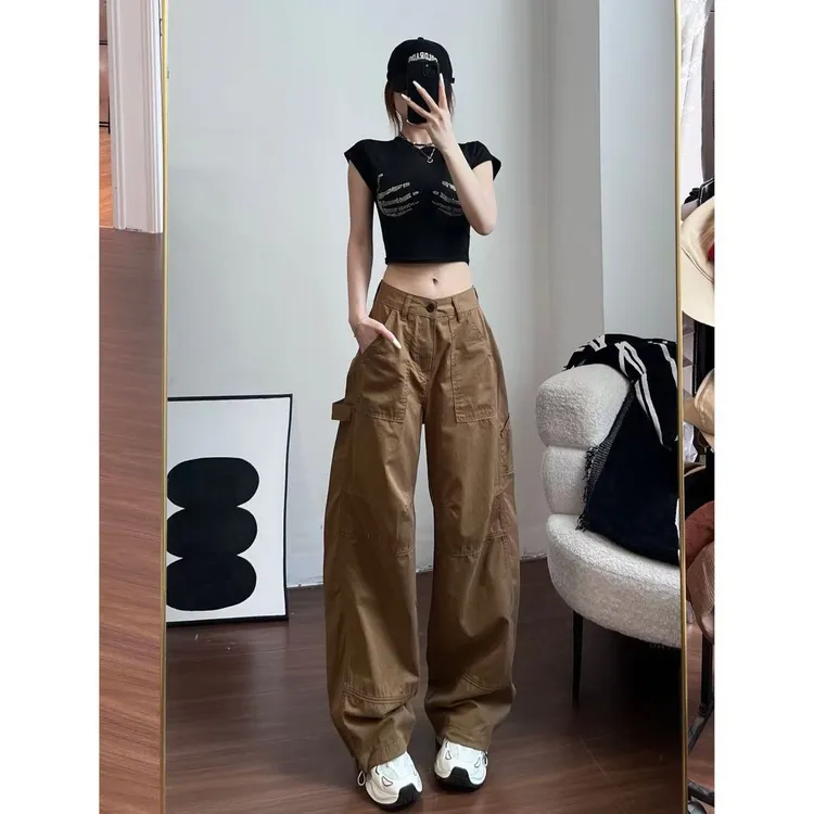 美式复古辣妹工装裤女高街设计感宽松休闲显瘦长裤-K2905