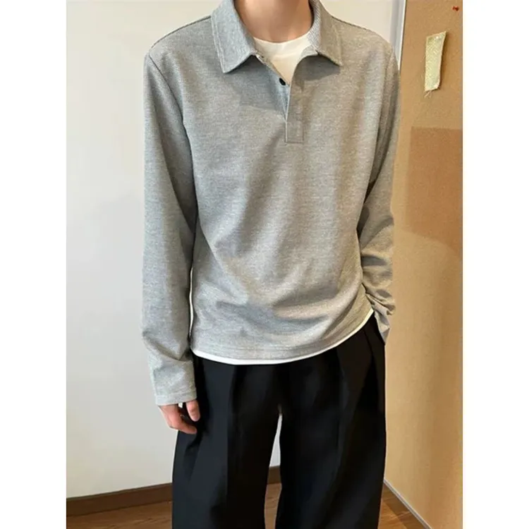 cleanfit假两件polo衫男春秋华夫格亨利领卫衣痞帅高级感长袖t恤