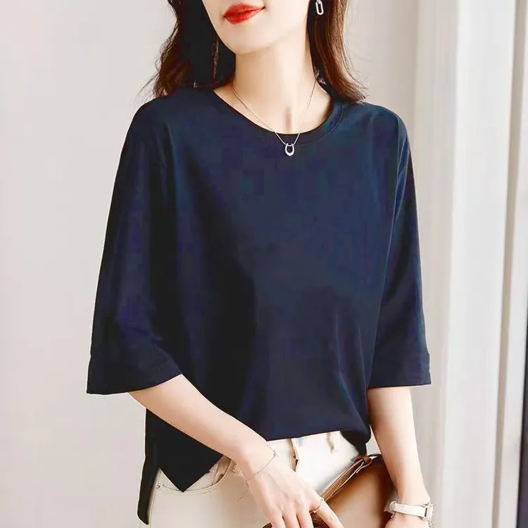 纯棉高质量洋气大码t恤女显瘦时尚休闲宽松纯色开叉七分袖上衣ins