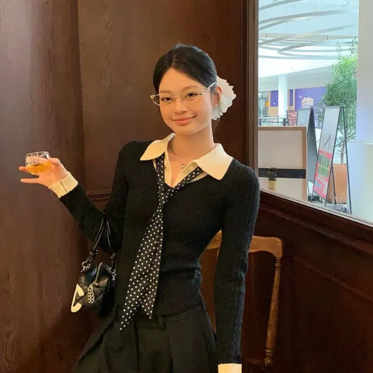 韩系黑色polo领假两件针织衫女秋冬季新款修身短款长袖打底衫上衣