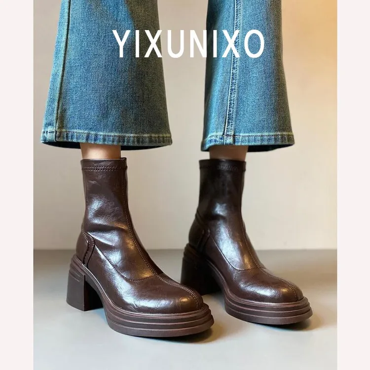 真皮厚底增高复古显瘦马丁靴女简约时尚百搭后拉链粗跟瘦瘦靴短靴