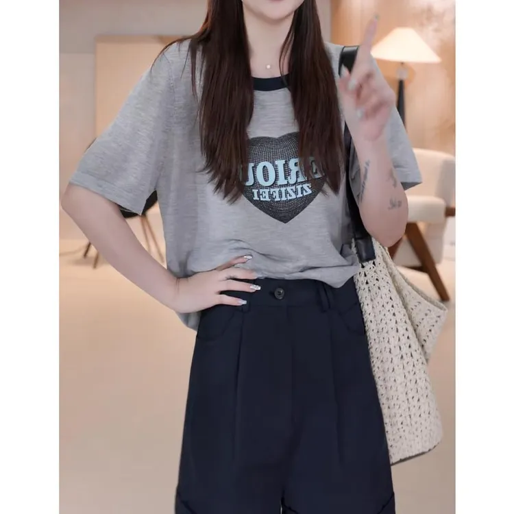 韩版撞色爱心字母短袖T恤女2025夏季新款时尚设计感宽松百搭上衣