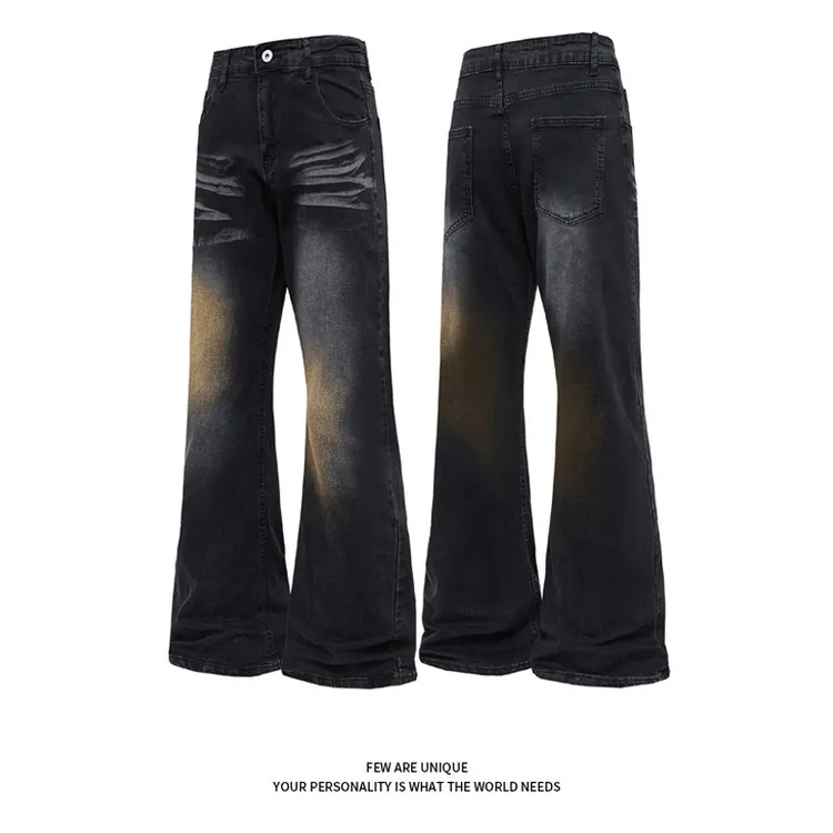 美式高街vibe弹力微喇牛仔裤男款设计感水洗做旧裤子修身显示长裤