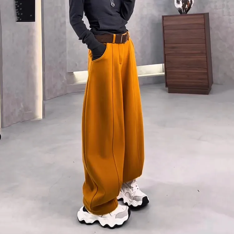 橘色加绒加厚阔腿裤子女款爆款2025秋冬新款宽松高腰减龄显瘦卫裤