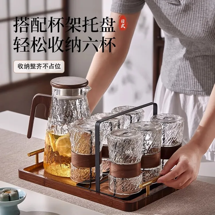 龙卷风玻璃杯套装大容量喝水杯子锤纹加厚托盘耐高温中式泡茶杯具
