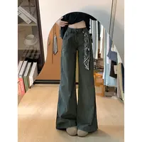军绿色工装牛仔裤女秋季新款美式复古宽松显瘦直筒高腰百搭阔腿裤