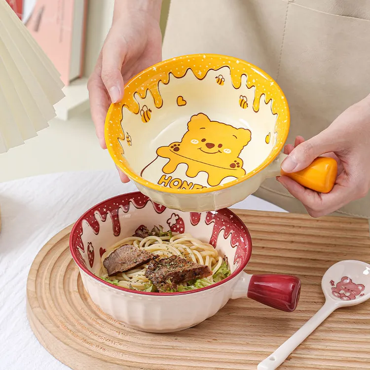 陶瓷手柄碗高颜值可爱家用吃饭碗大容量甜品碗防烫泡面碗沙拉碗