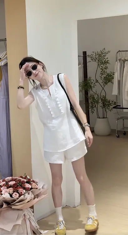 韩系藏青色亚麻高级感无袖套装女2025夏新松弛感慵懒两件套