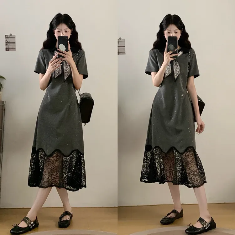 大码女装2025夏季法式气质POLO领高级感蕾丝拼接显瘦连衣裙