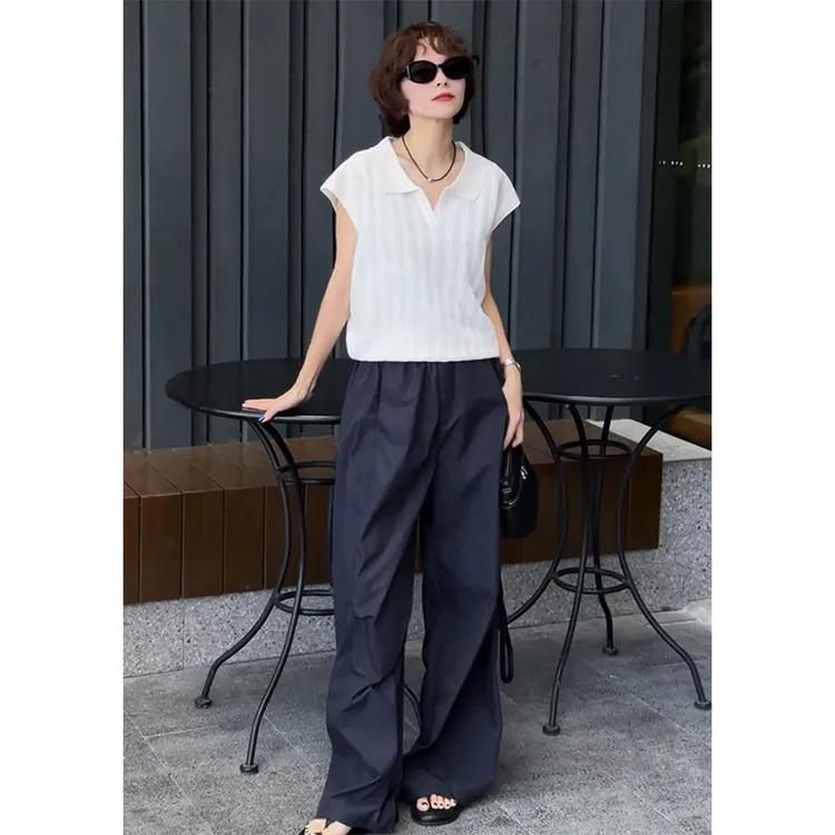 时尚夏季高街个性穿搭百搭垂感显腿长休闲裤薄款翻领短袖上衣套装
