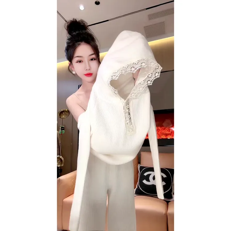 蕾丝花边帽坑条连帽针织衫欧货秋冬时髦套头帽衫