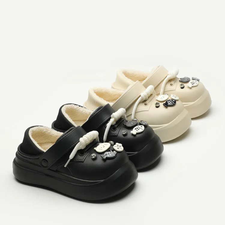 情侣卡通加绒洞洞鞋男女外穿秋冬季加绒棉鞋时尚防滑防水两穿棉拖