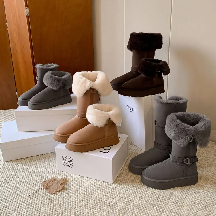 【STAR】冬季新款灰色厚底雪地靴时尚休闲加绒加厚大码女靴2/4cm