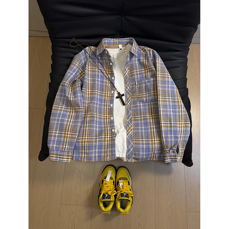 美式复古vintage蓝黄格子衬衫男款加绒加厚高级感长袖情侣外套潮