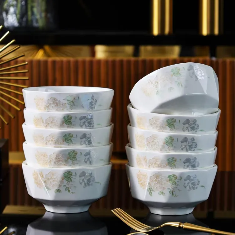 西藏包邮【10只装】白玉梦幻花影4.5英寸米饭碗陶瓷加厚釉下彩餐具