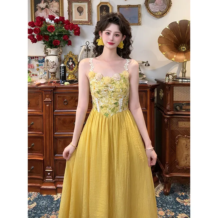 现货一生罗曼【月光漫步】蕾丝裙法式显瘦仙女拼接吊带连衣裙L1270