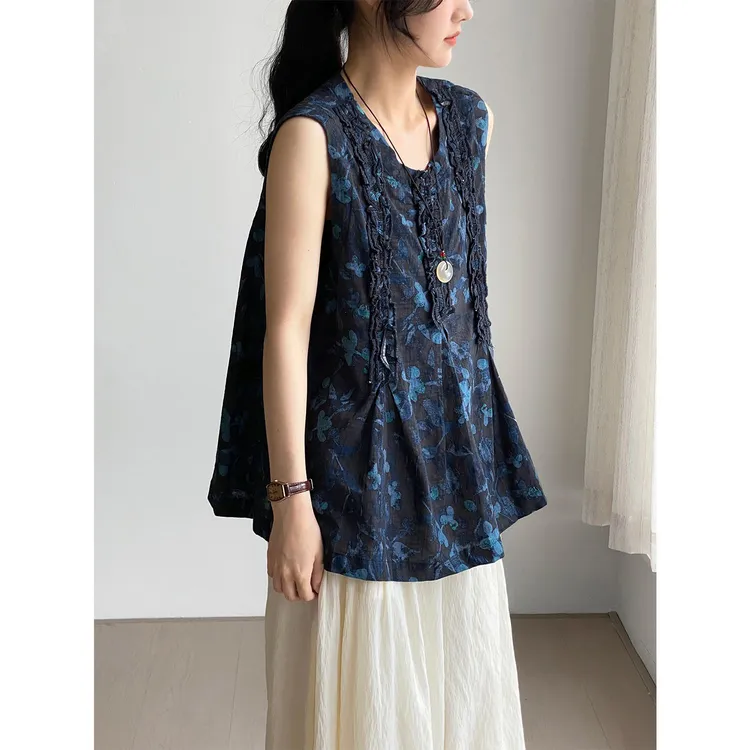 那末【仲夏】复古温柔蓝色碎花圆领背心女宽松显瘦木耳边上衣无袖
