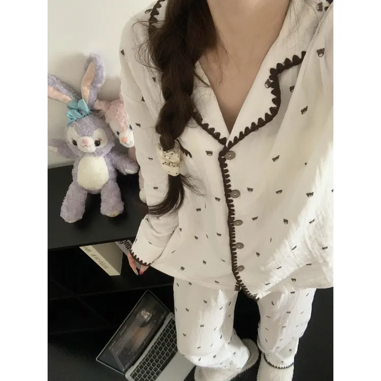 甜美可爱卡通软萌小熊花边睡衣女春秋新款长袖长裤家居服套装外穿