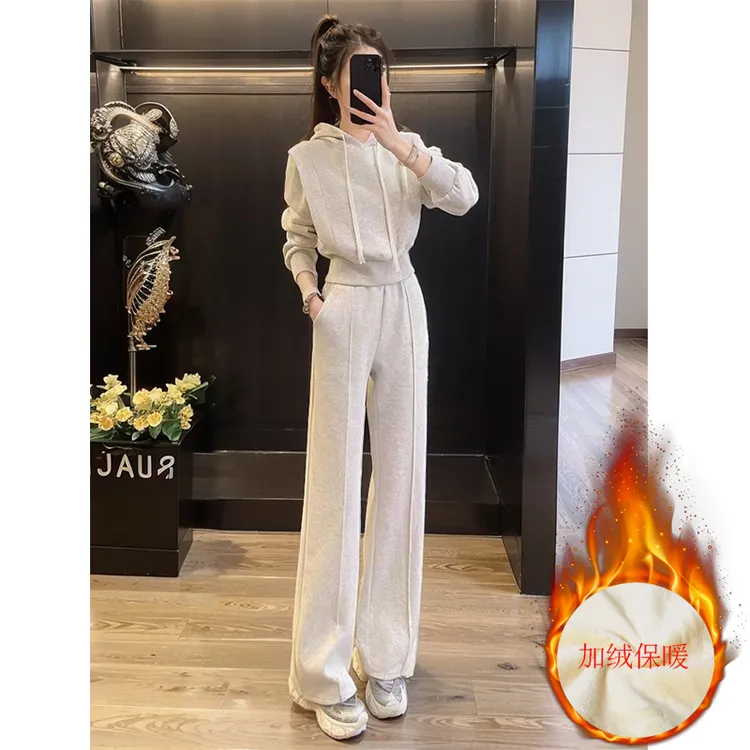 4012小个子定制时尚运动套装女秋冬加绒设计感卫衣加绒两件套长袖