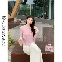 KUN【夕颜】经典菱格 特调浅紫调钉珠工艺羊毛微喇荷叶边秋针织上衣