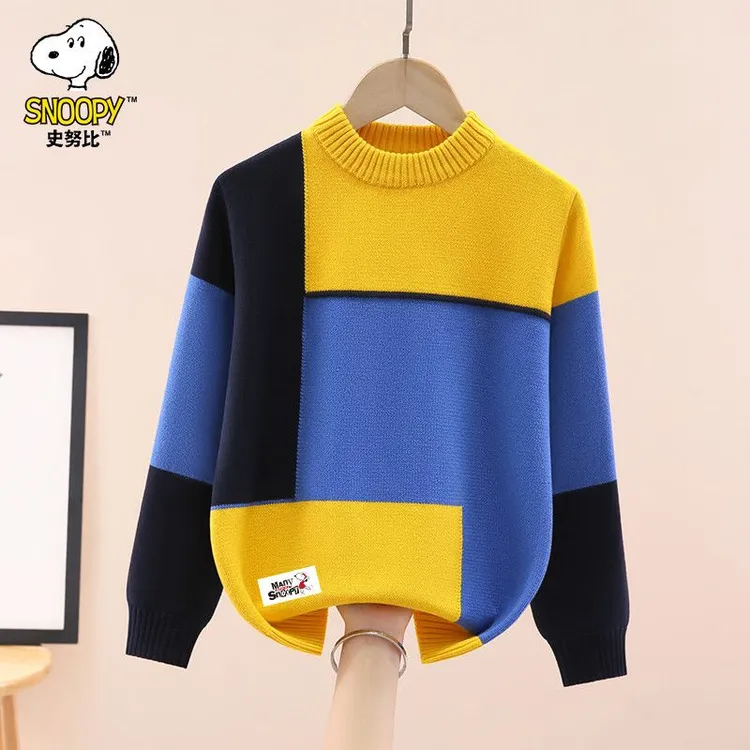 史努比男童毛衣秋冬2025新款圆领拼色男孩针织衫冬季保暖加厚线衣