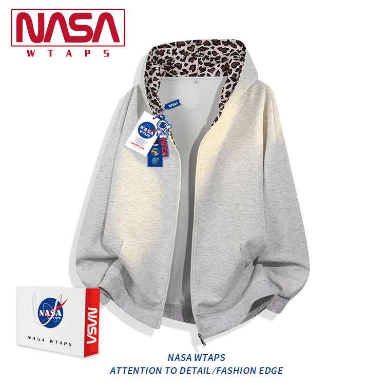 NASA WTAPS美式复古豹纹开衫连帽卫衣男款春秋季潮牌高街情侣外套