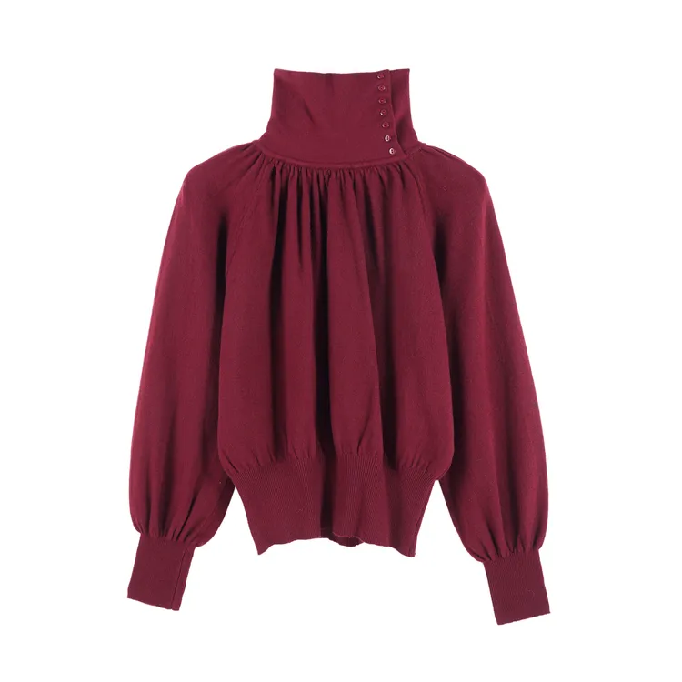 高领套头毛衣外穿秋冬法式风 灯笼袖褶皱针织衫上衣HBZX918441