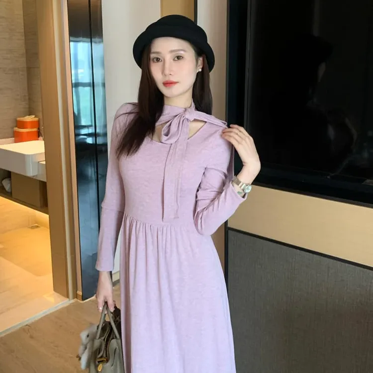 法式挂脖蝴蝶结系带长袖连衣裙女秋冬收腰显瘦A字裙子温柔风长裙