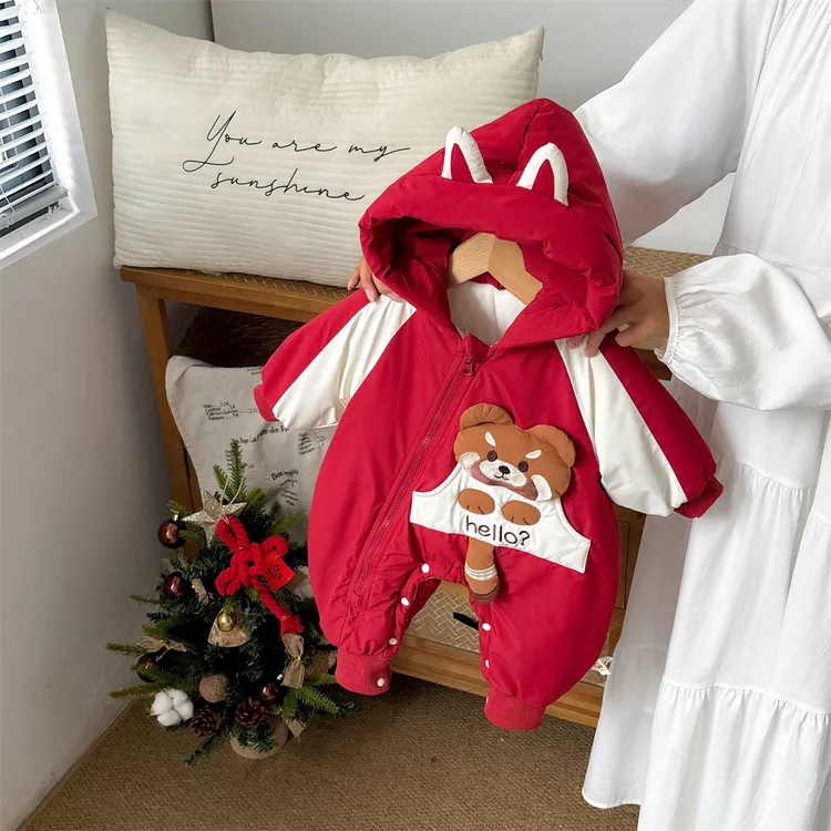 冬装保暖喜庆红色棉服卡通加棉加厚新生婴儿冬季外出宝宝连体衣服