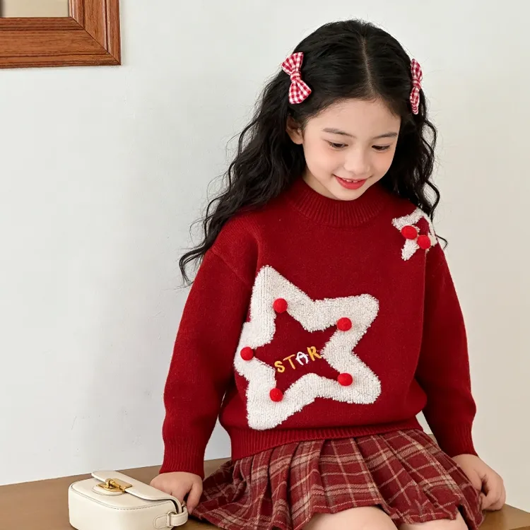 五角星红色毛衣加厚童女童冬季拜年新年针织套头圆领长袖保暖
