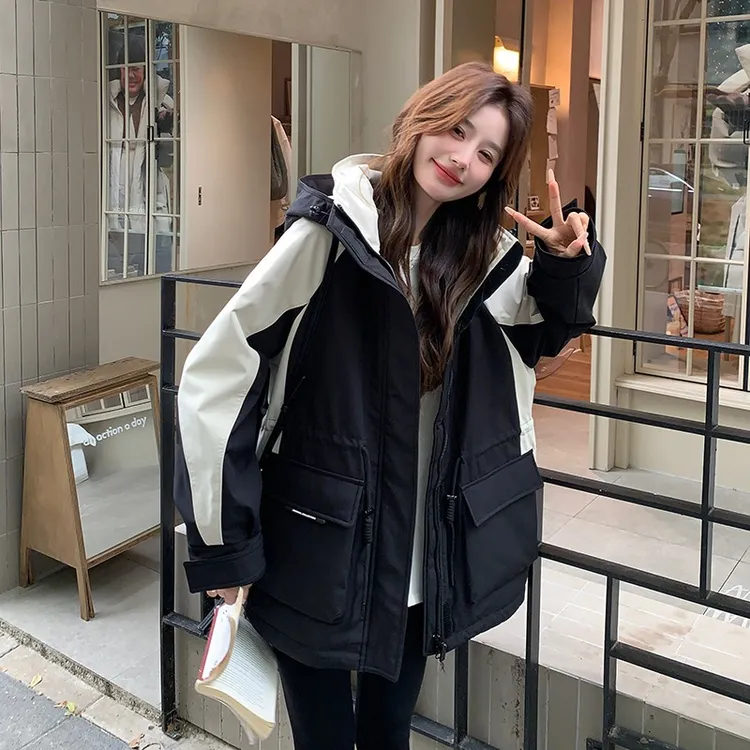 2025年冬季纯色连帽冬季保暖派克服加厚百搭宽松休闲拼接韩版外套