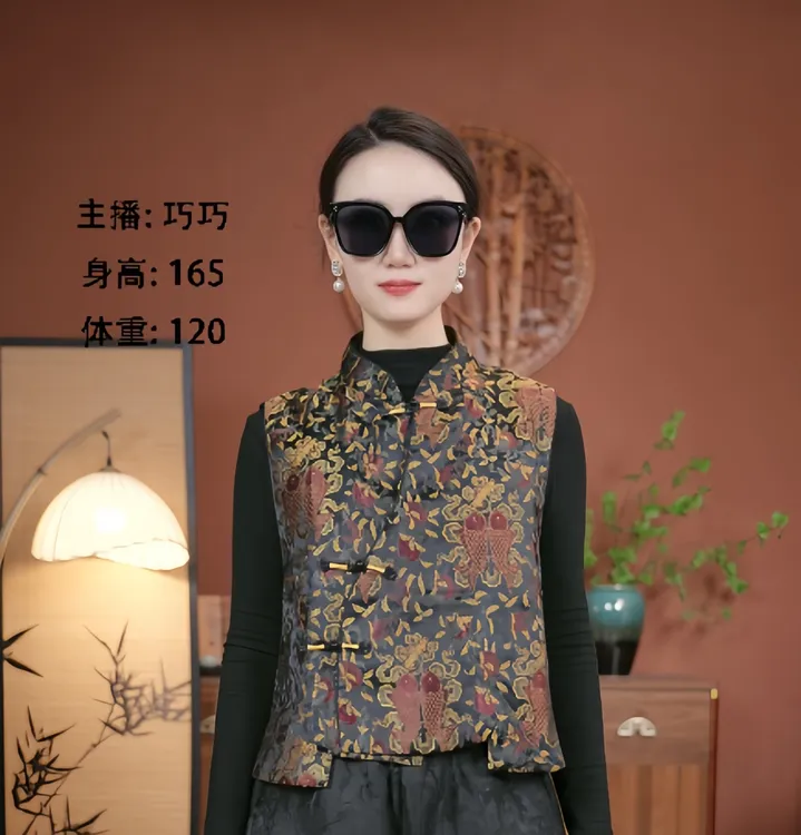 （锦鲤捧桃加厚棉马甲）新中式国风提花秋冬季时尚休闲