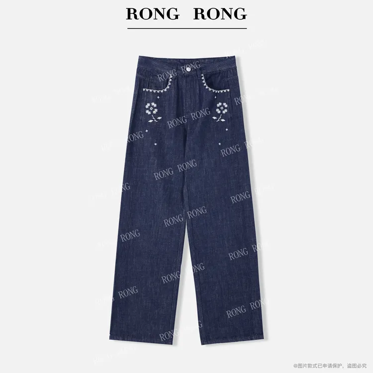 溶溶【流云笙花】RONGRONG 醋酸莱赛尔混纺刺绣简约直筒牛仔裤L430