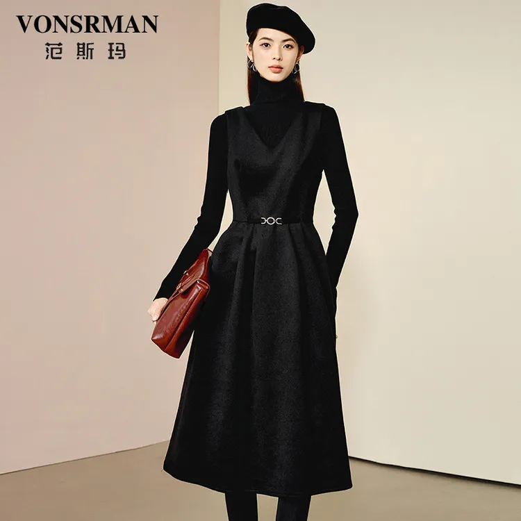 VONSRMAN背心收腰连衣裙女2025秋季新款时尚纯色气质保暖百搭无袖