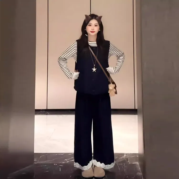 2025春秋季新款女士大码巨好看套装条纹上衣叠穿马甲阔腿裤三件套
