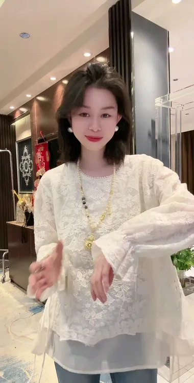 拼接宽松圆领提花衬衫女欧洲站春秋新款时尚休闲纯色套头上衣