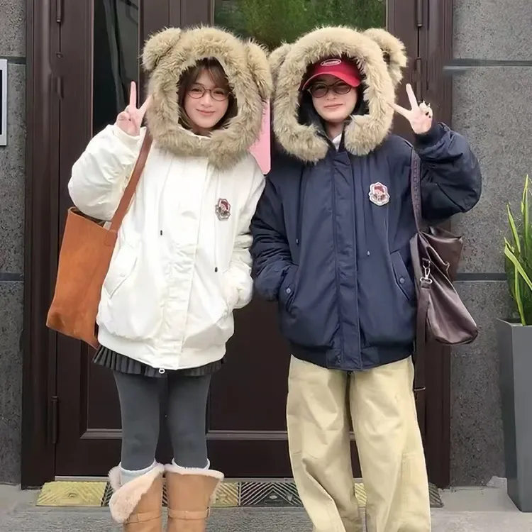 可爱软妹小熊大毛领派克棉服女冬季加厚保暖新款百搭减龄外套