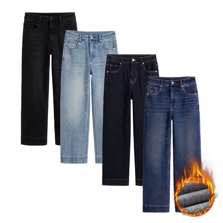 自媒体小个子女秋冬加绒高腰直筒牛仔裤窄版苹果型梨形身材838