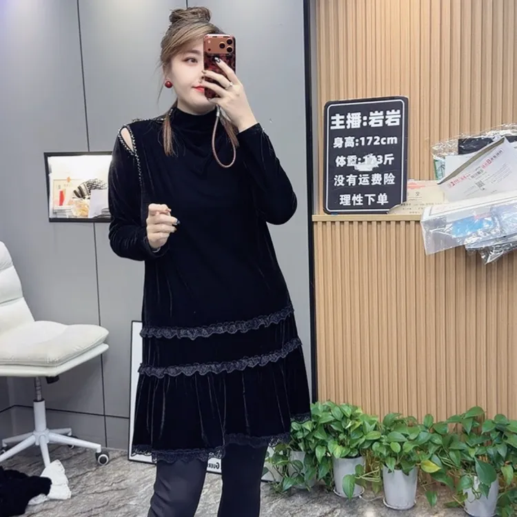 2663岩岩家中长款串珠丝绒女裙