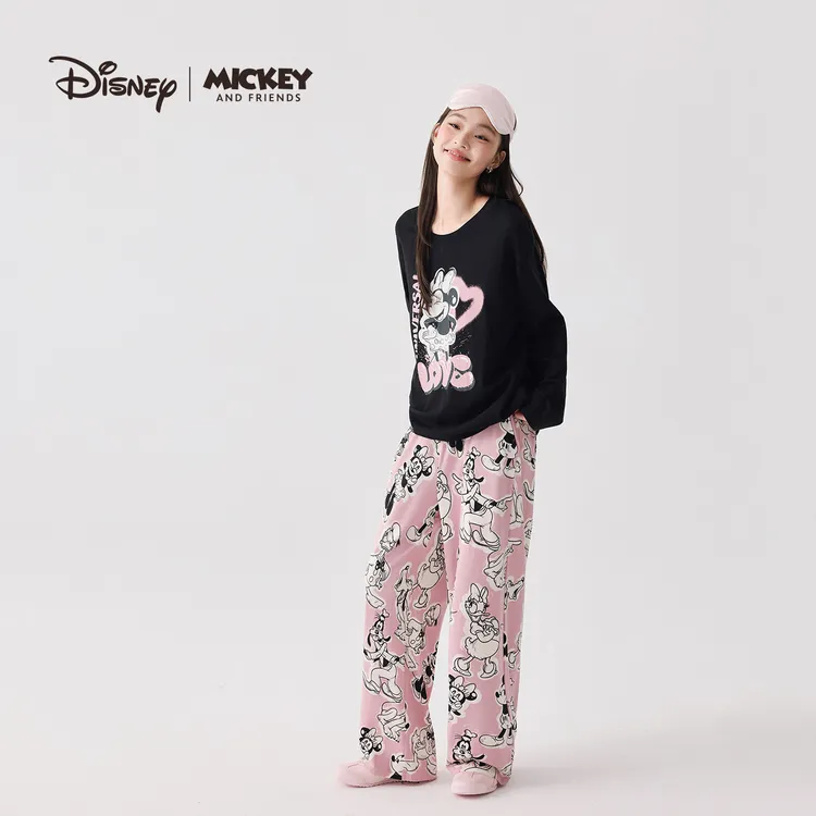 迪士尼米妮莫代尔棉可外穿长袖卡通印花睡衣家居服套装女秋