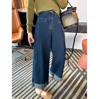大码休闲丹宁风女牛仔裤大直筒裤裤子秋季高腰长裤韩版卷边牛仔