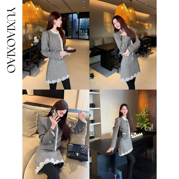 余潇潇【秘境美术馆】含绵羊毛名媛千金风拼接花边小香外套&短半裙